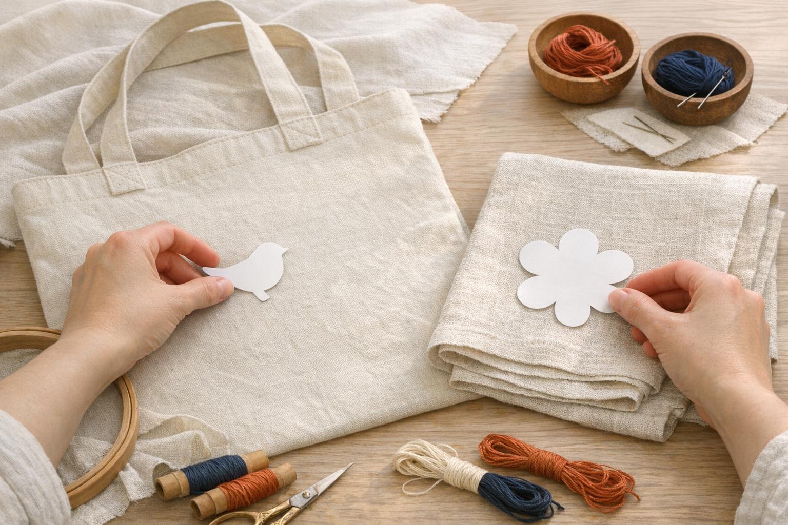 Papiervorlagen, mit denen die Motivposition auf Tasche und Handtuch geplant wird