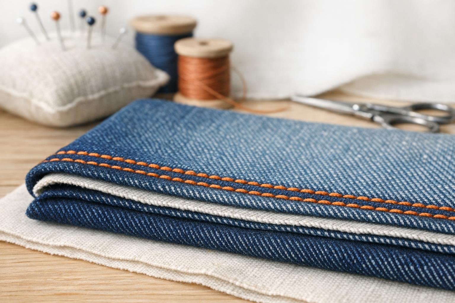 Eine kräftige gerade Naht durch mehrere Lagen Denim