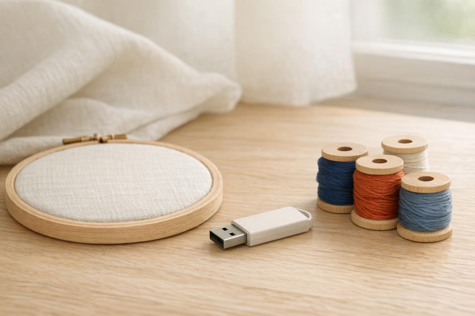 Stickrahmen mit Stoff neben einem USB-Stick und Garnrollen in Blau, Rost und Creme