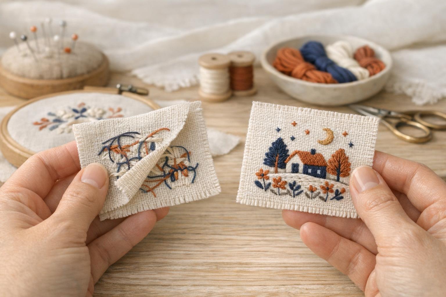 Hände prüfen eine Übungsstickerei nach dem Sticken