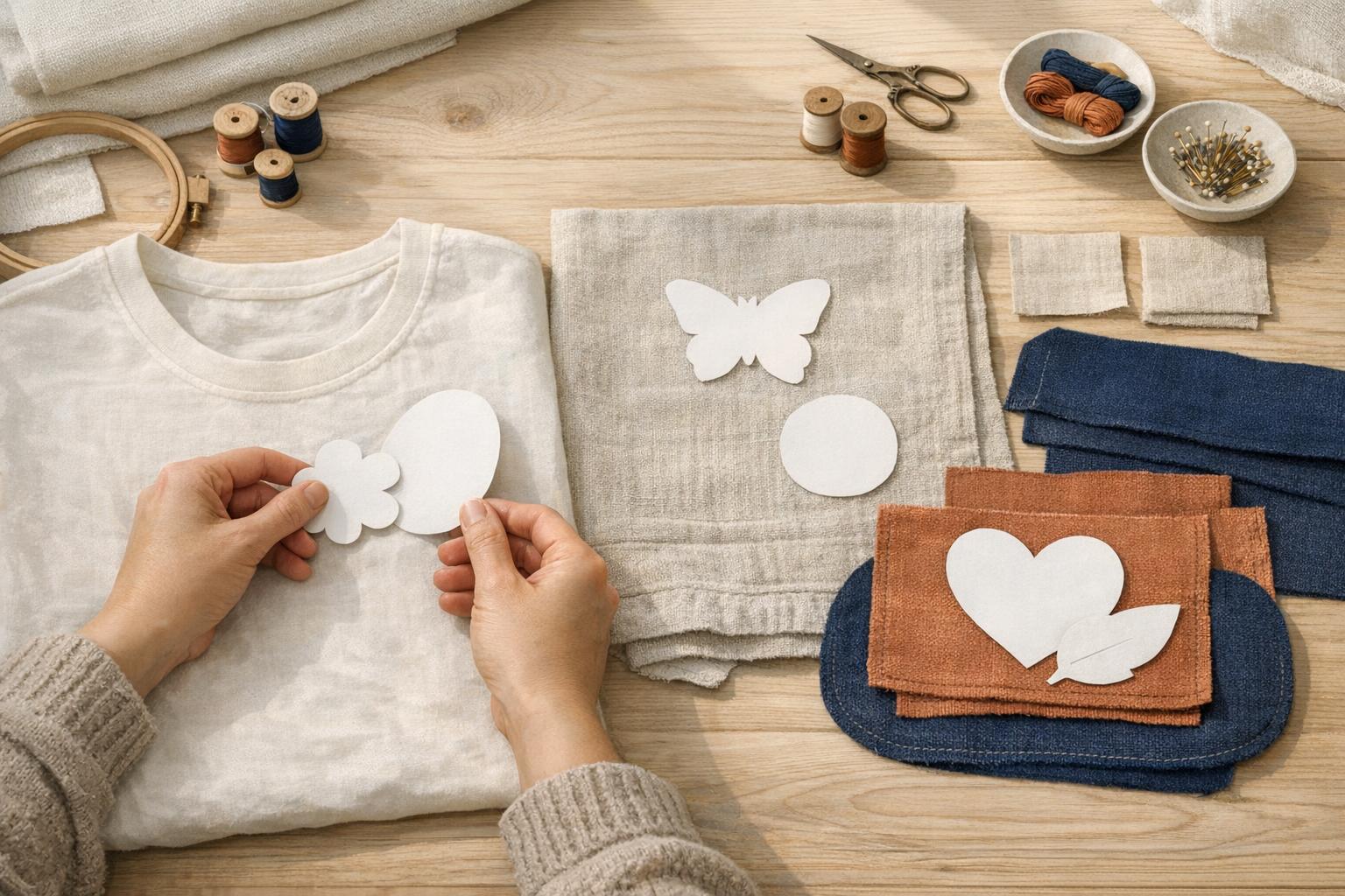 Hände planen ein Projekt mit Stoffzuschnitten und Papiermotiven
