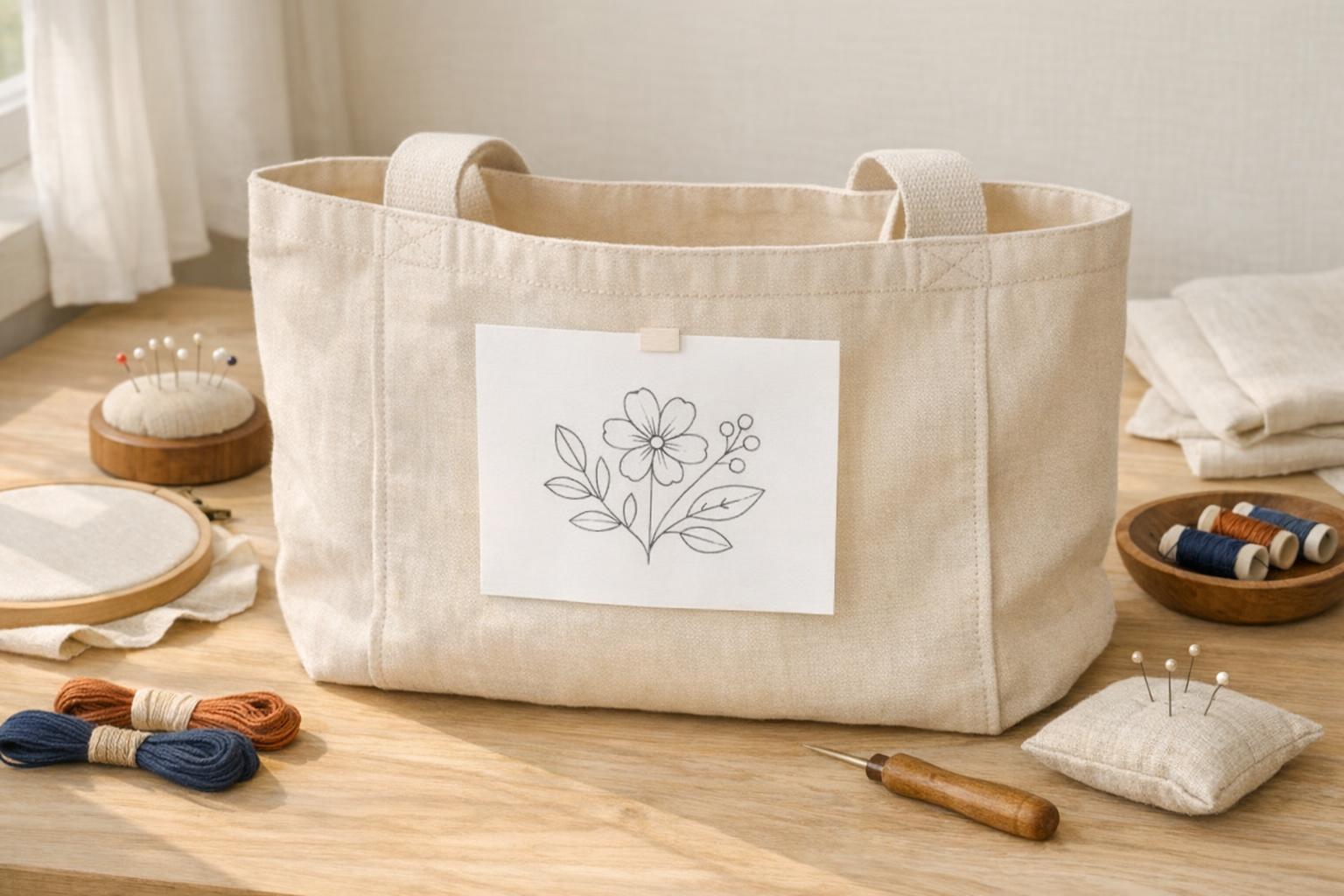 Eine Stofftasche auf dem Arbeitstisch mit Papiervorlage auf der Vorderseite