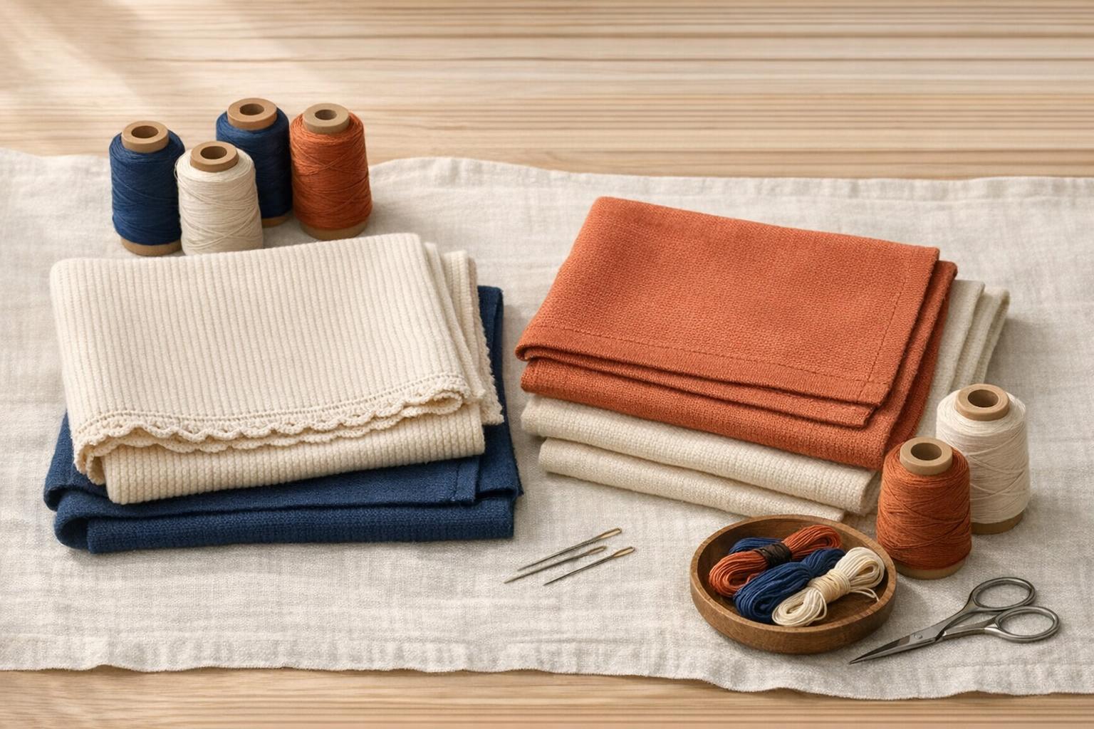 Gefaltete Strickstoffteile mit zwei verschiedenen Kantenabschlüssen neben Garnrollen