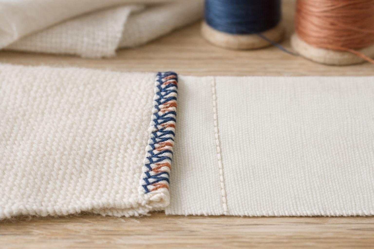 Eine mit der Overlock versäuberte Strickkante neben einer geraden Naht in Webstoff